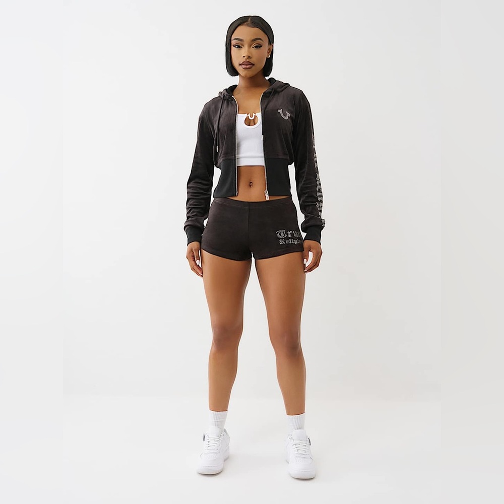 NWT Velour Women’s Rhinestone True Religion Short Sweatsuit Size XS